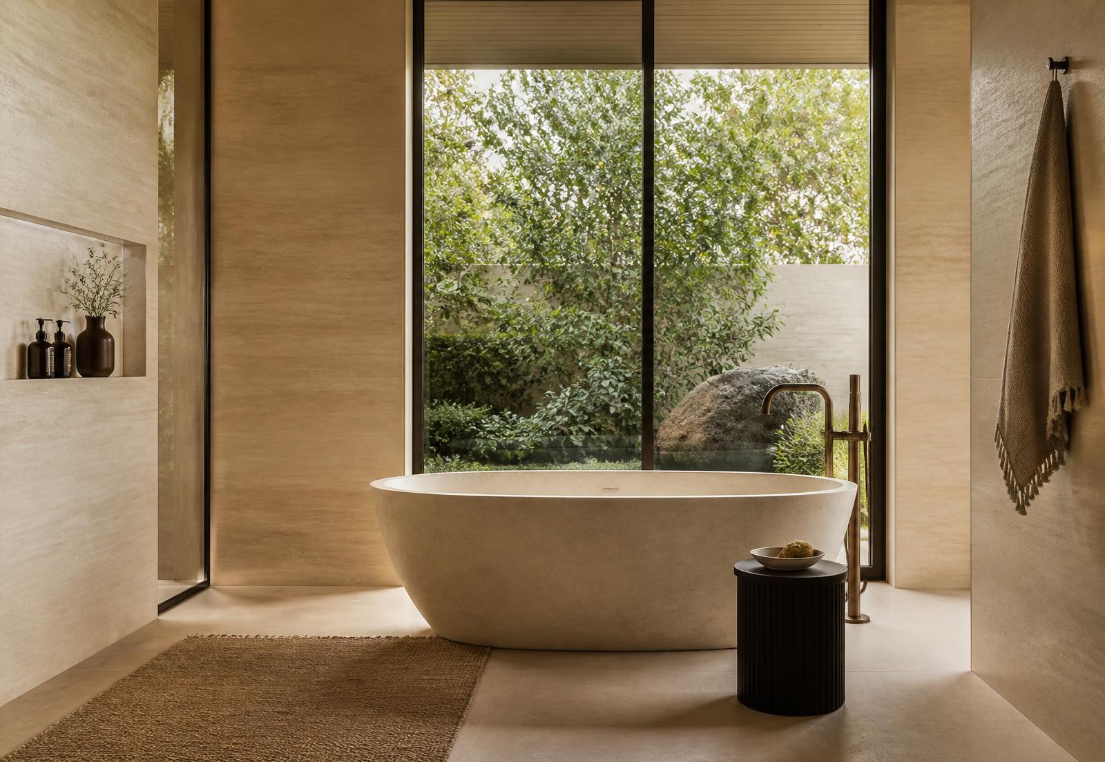 Spa bathroom in travertine with a stone soaking tub and a garden window