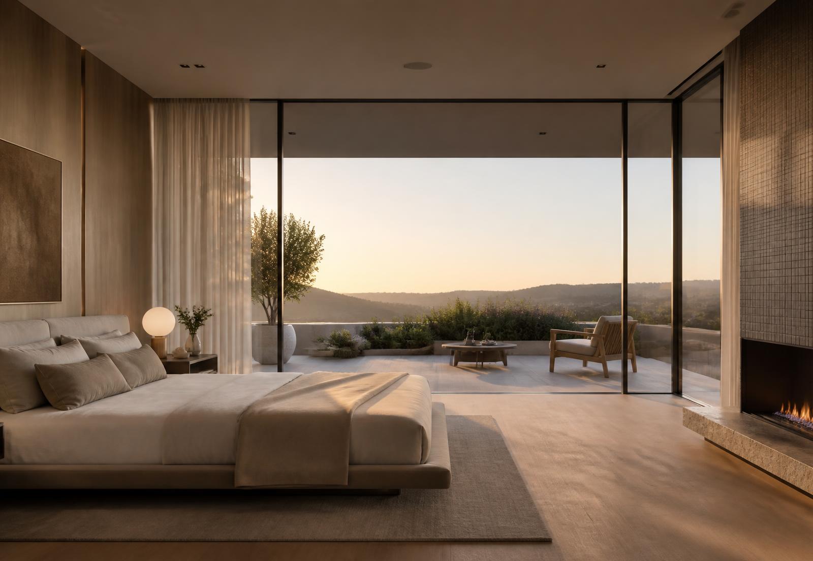 Primary bedroom at dawn opening onto a terrace with hillside views