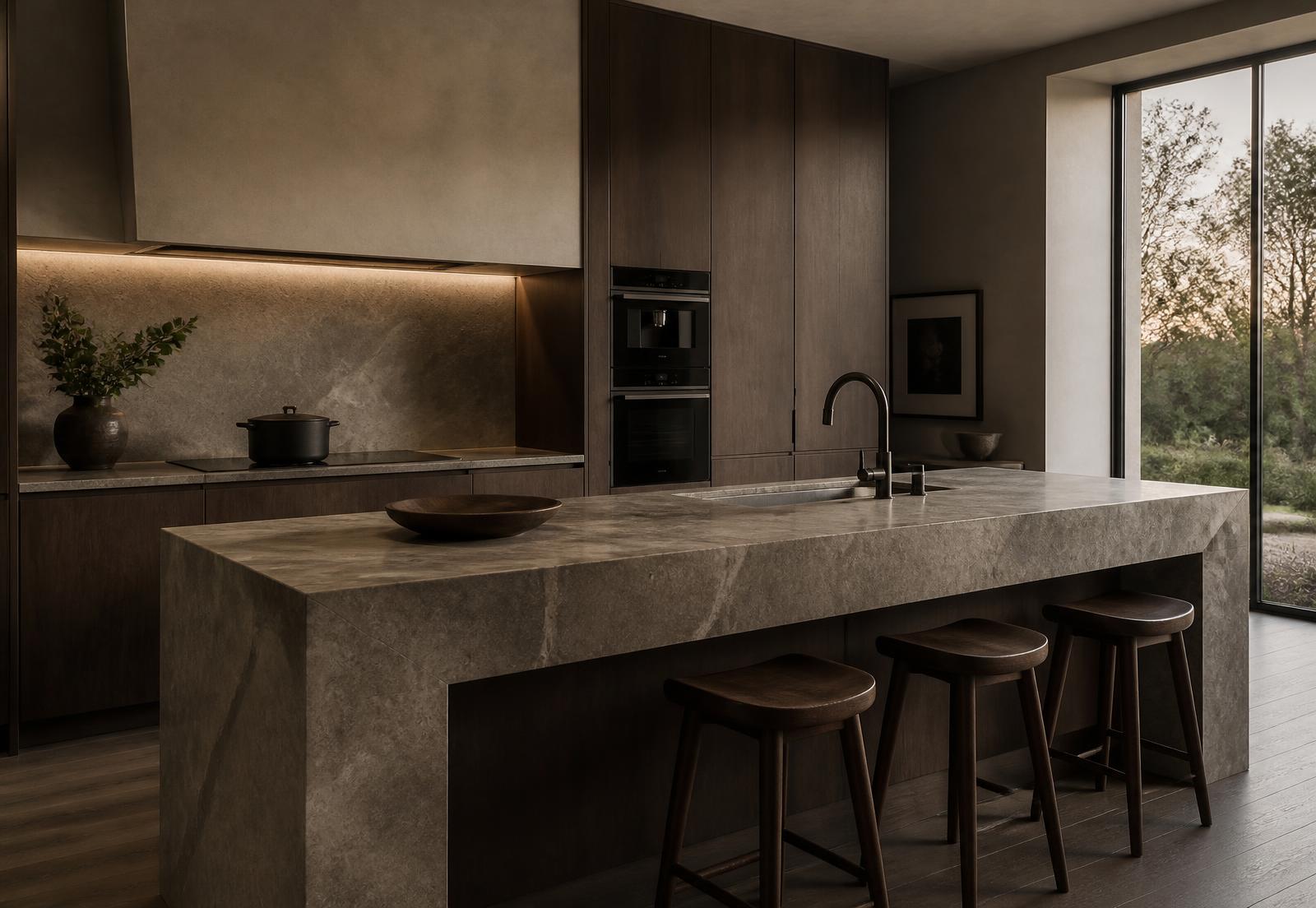 Luxury kitchen with a monolithic stone island and matte walnut cabinetry