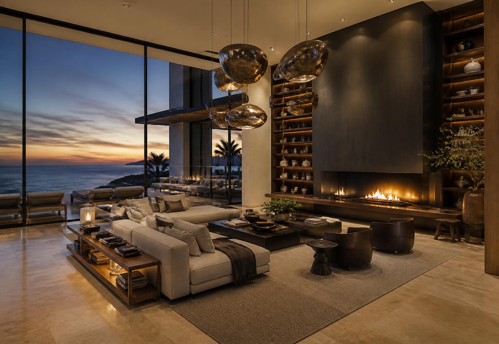 Luxury living room at dusk with floor-to-ceiling glass and a linen sectional